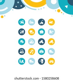 Collection simple icons of agricultural machinery on color circles. Modern white signs for websites, mobile apps, and concepts