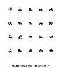 Collection simple icons of agricultural machinery on a white background with names. Modern black and white signs for websites, mobile apps, and concepts