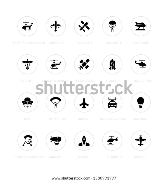 Collection simple icons of aircraft on a white\
background with names. Modern black and white signs for websites,\
mobile apps, and\
concepts