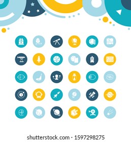 Collection simple icons of astronomy on color circles. Modern white signs for websites, mobile apps, and concepts