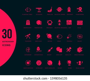 Collection simple icons of astronomy on a black background. Modern red signs for websites, mobile apps, and concepts