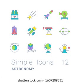 Collection simple icons of astronomy on a white background. Modern color signs for websites, mobile apps, and concepts