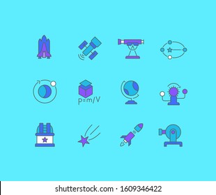 Collection simple icons of astronomy on a blue background. Modern color signs for websites, mobile apps, and concepts