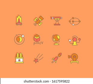 Collection simple icons of astronomy on an orange background. Modern color signs for websites, mobile apps, and concepts