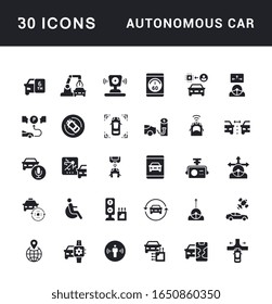 Collection simple icons of autonomous car on a white background. Modern black and white signs for websites, mobile apps, and concepts