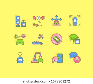 Collection simple icons of autonomous car on a yellow background. Modern color signs for websites, mobile apps, and concepts