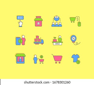 Collection simple icons of b2c on a yellow background. Modern color signs for websites, mobile apps, and concepts