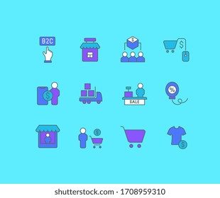 Colección de simples iconos de b2c en un fondo azul. Signos de color modernos para sitios web, aplicaciones móviles y conceptos