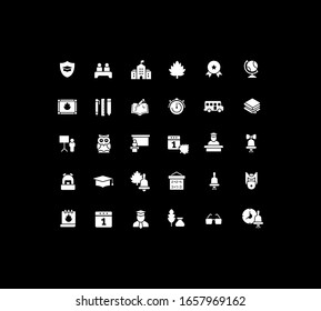 Collection simple icons of back to school on a black background. Modern white signs for websites, mobile apps, and concepts