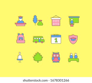 Collection simple icons of back to school on a yellow background. Modern color signs for websites, mobile apps, and concepts
