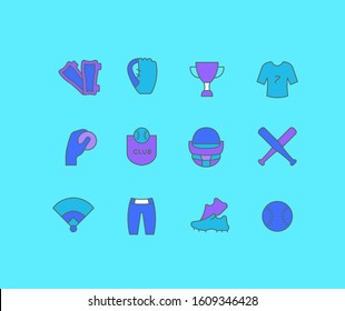 Collection simple icons of baseball on a blue background. Modern color signs for websites, mobile apps, and concepts