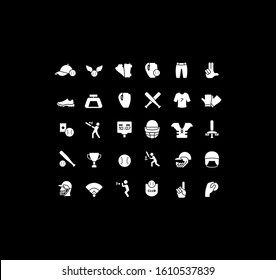 Collection simple icons of baseball on a black background. Modern white signs for websites, mobile apps, and concepts