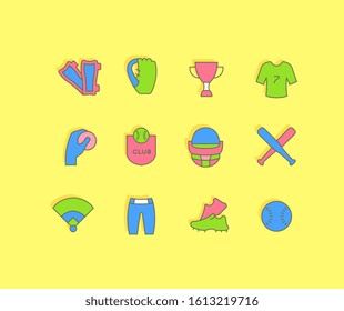 Collection simple icons of baseball on a yellow background. Modern color signs for websites, mobile apps, and concepts