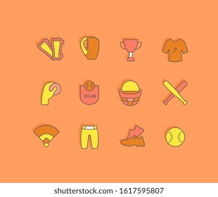 Collection simple icons of baseball on an orange background. Modern color signs for websites, mobile apps, and concepts