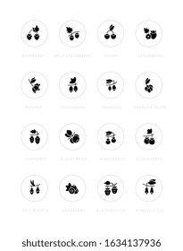 Collection simple icons of berries on a white background with names. Modern black and white signs for websites, mobile apps, and concepts