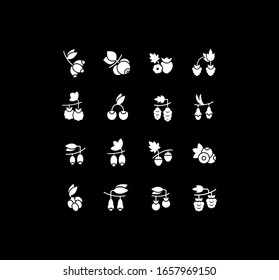 Collection simple icons of berries on a black background. Modern white signs for websites, mobile apps, and concepts