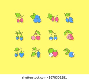 Colección de simples iconos de bayas en un fondo amarillo. Signos de color modernos para sitios web, aplicaciones móviles y conceptos