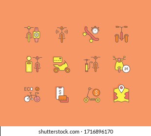 Collection simple icons of bike sharing on an orange background. Modern color signs for websites, mobile apps, and concepts