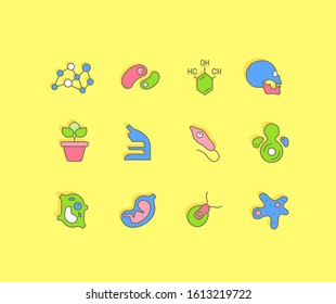 Collection simple icons of biology on a yellow background. Modern color signs for websites, mobile apps, and concepts
