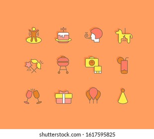 Collection simple icons of birthday on an orange background. Modern color signs for websites, mobile apps, and concepts