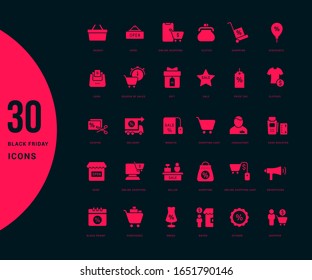 Collection simple icons of black friday on a black background. Modern red signs for websites, mobile apps, and concepts