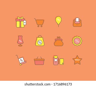 Collection simple icons of black friday on an orange background. Modern color signs for websites, mobile apps, and concepts