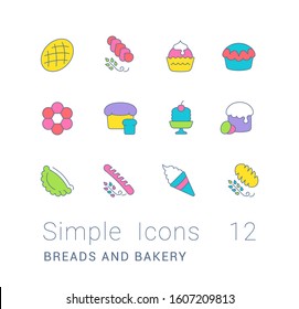Collection simple icons of breads and bakery on a white background. Modern color signs for websites, mobile apps, and concepts