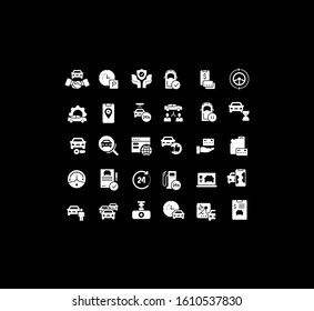 Collection simple icons of carsharing on a black background. Modern white signs for websites, mobile apps, and concepts