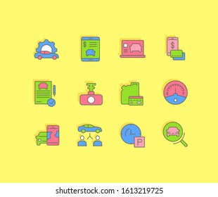 Collection simple icons of carsharing on a yellow background. Modern color signs for websites, mobile apps, and concepts