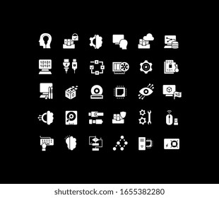 Collection simple icons of computer science on a black background. Modern white signs for websites, mobile apps, and concepts