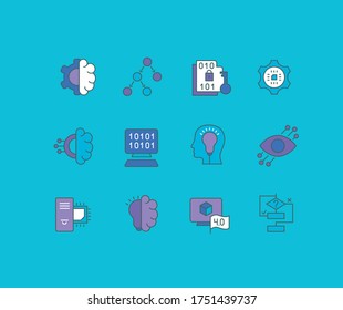 Collection simple icons of computer science on a blue background. Modern color signs for websites, mobile apps, and concepts