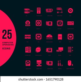 Collection simple icons of computer upgrading on a black background. Modern red signs for websites, mobile apps, and concepts