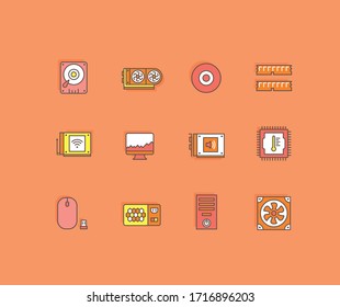 Collection simple icons of computer upgrading on an orange background. Modern color signs for websites, mobile apps, and concepts