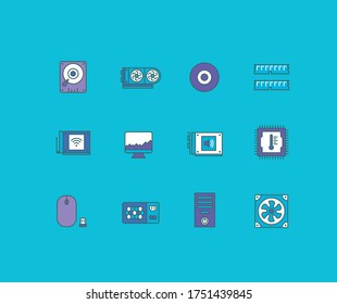 Collection simple icons of computer upgrading on a blue background. Modern color signs for websites, mobile apps, and concepts
