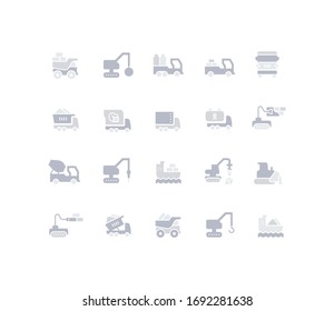Collection simple icons of construction transport on a black background. Modern red signs for websites, mobile apps, and concepts