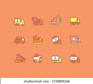 Collection simple icons of construction transport on an orange background. Modern color signs for websites, mobile apps, and concepts