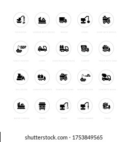 Collection simple icons of construction transport on a white background with names. Modern black and white signs for websites, mobile apps, and concepts