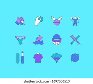 Collection simple icons of cricket on a blue background. Modern color signs for websites, mobile apps, and concepts