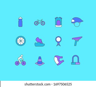 Collection simple icons of cycling on a blue background. Modern color signs for websites, mobile apps, and concepts