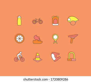 Collection simple icons of cycling on an orange background. Modern color signs for websites, mobile apps, and concepts