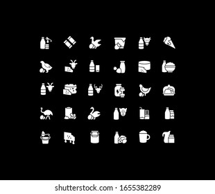Collection simple icons of dairy products on a black background. Modern white signs for websites, mobile apps, and concepts