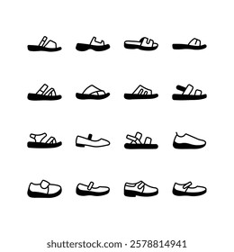 A collection of simple icons depicting various styles of summer footwear, including sandals, slides, and Mary Janes.