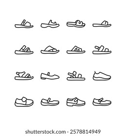 A collection of simple icons depicting various styles of summer footwear, including sandals, slides, and Mary Janes.