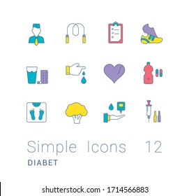Collection simple icons of diabet on a white background. Modern color signs for websites, mobile apps, and concepts