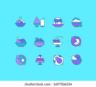 Collection simple icons of dishes on a blue background. Modern color signs for websites, mobile apps, and concepts