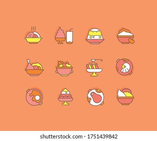 Collection simple icons of dishes on an orange background. Modern color signs for websites, mobile apps, and concepts