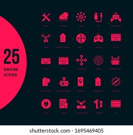 Collection simple icons of drone on a black background. Modern red signs for websites, mobile apps, and concepts