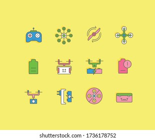 Collection simple icons of drone on a yellow background. Modern color signs for websites, mobile apps, and concepts