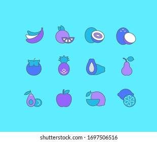 Collection simple icons of fruits on a blue background. Modern color signs for websites, mobile apps, and concepts