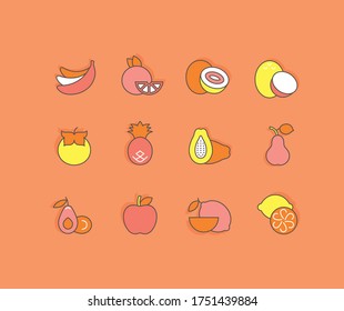 Collection simple icons of fruits on an orange background. Modern color signs for websites, mobile apps, and concepts